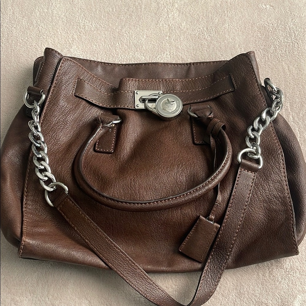 Michael Kors Hamilton Brown Leather Satchel Chain Strap Medium